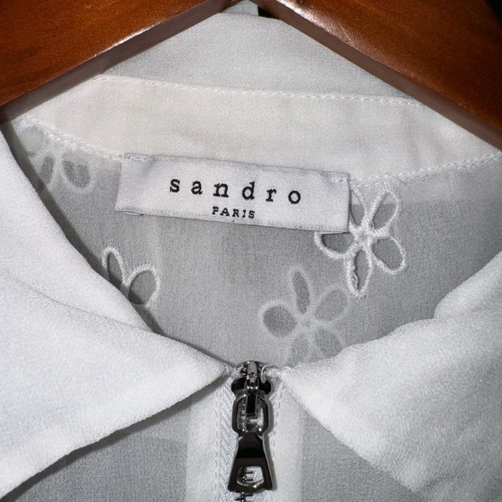 Sandro Ricarda White Eyelet Chiffon Zip Front Sheer Midi Dress Collared Small - Picture 6 of 11